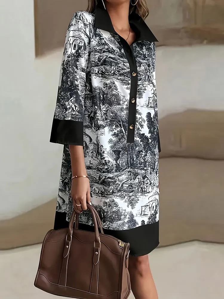 بيع التخليص حجم كبير طباعة المناظر الطبيعية زر أسفل ثلاثة أرباع كم فستان قصير ملابس النساء الصينية الأنيقة