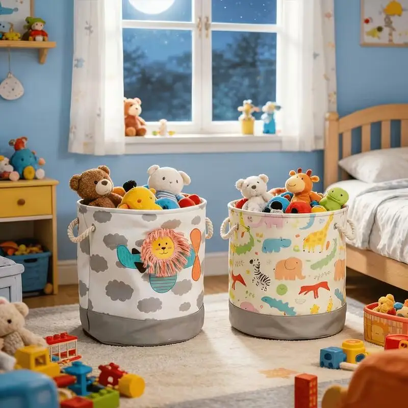 Cute Cartoon Embroidered Storage Baskets Large Capacity Stackable Design For Nursery Organizing Toys Clothes