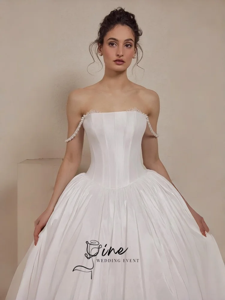 Oine 2026 Elegant Taffeta A- Line Wedding Party Dresses Off the Shoulder With Pears Bridal Gown Open Back Pleats Customised