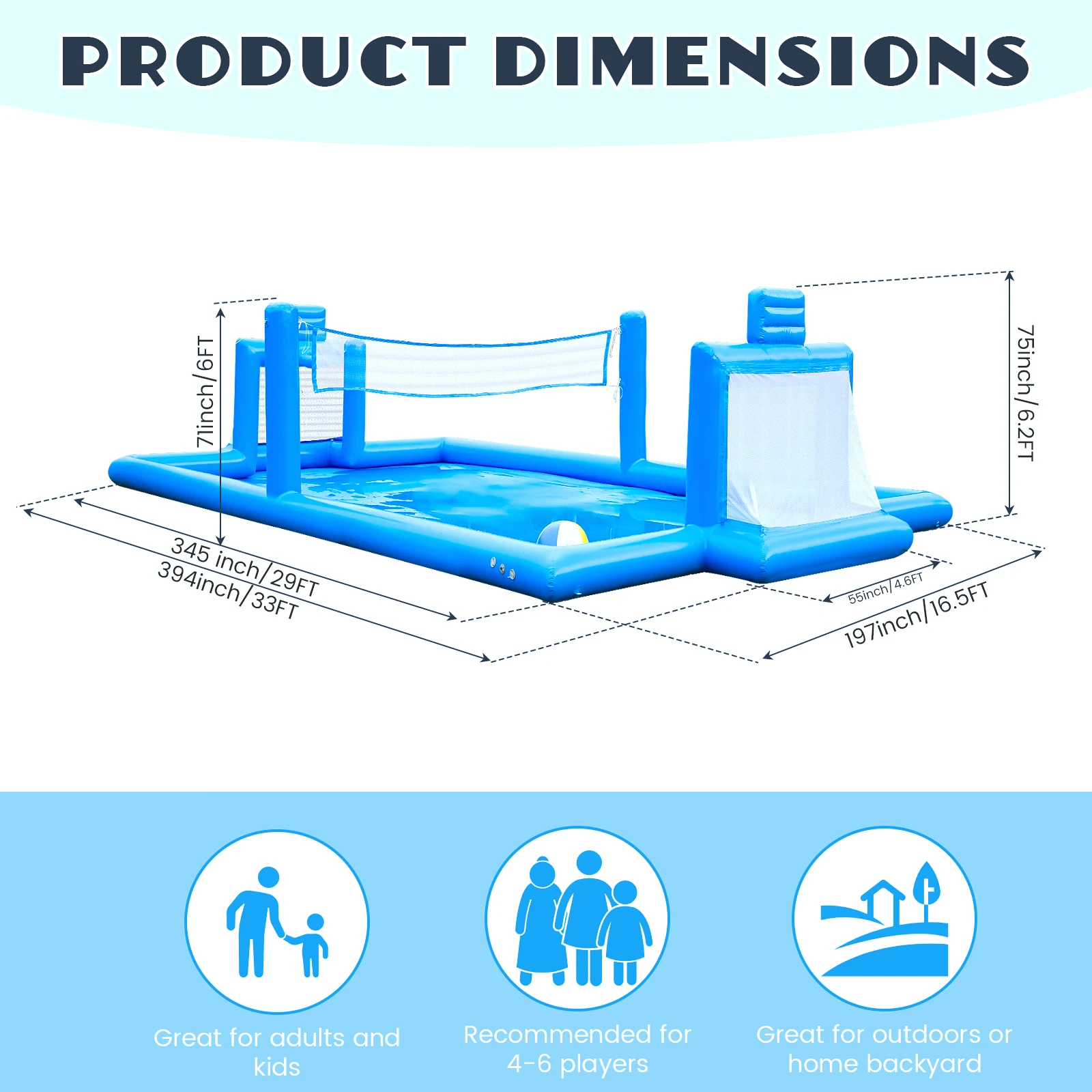33FT กลางแจ้งสนามวอลเลย์บอลพอง/ฟุตบอล/เกมบาสเกตบอลสําหรับเด็กผู้ใหญ่สนามเด็กเล่นเชิงพาณิชย์