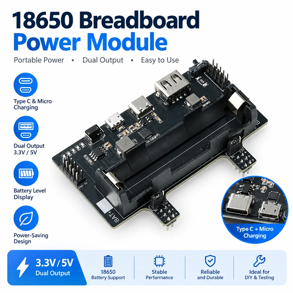18650 Breadboard Power Module 3.3V/5V Dual Output Type-C Micro USB Charge LED Battery Indicator for Arduino ESP32 Circuit Test