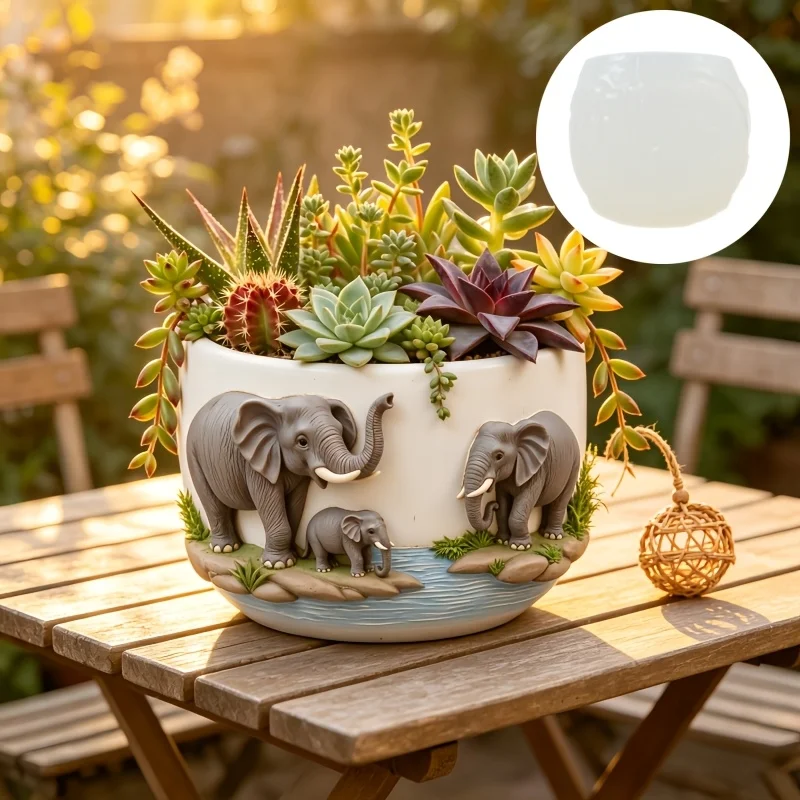 Elephant Family Relief Succulent Plant Flower Pot Resin Silicone Mold Elephant Mother Relief Storage Box Candle Cup Gypsum molds