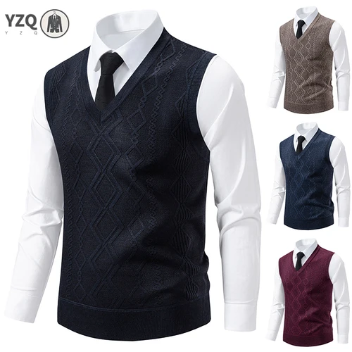 Imagen 2 del producto Suéter de punto con cuello en V para hombre, Top de punto versátil con rejilla de diamantes y flores retorcidas, moda informal, Otoño Invierno