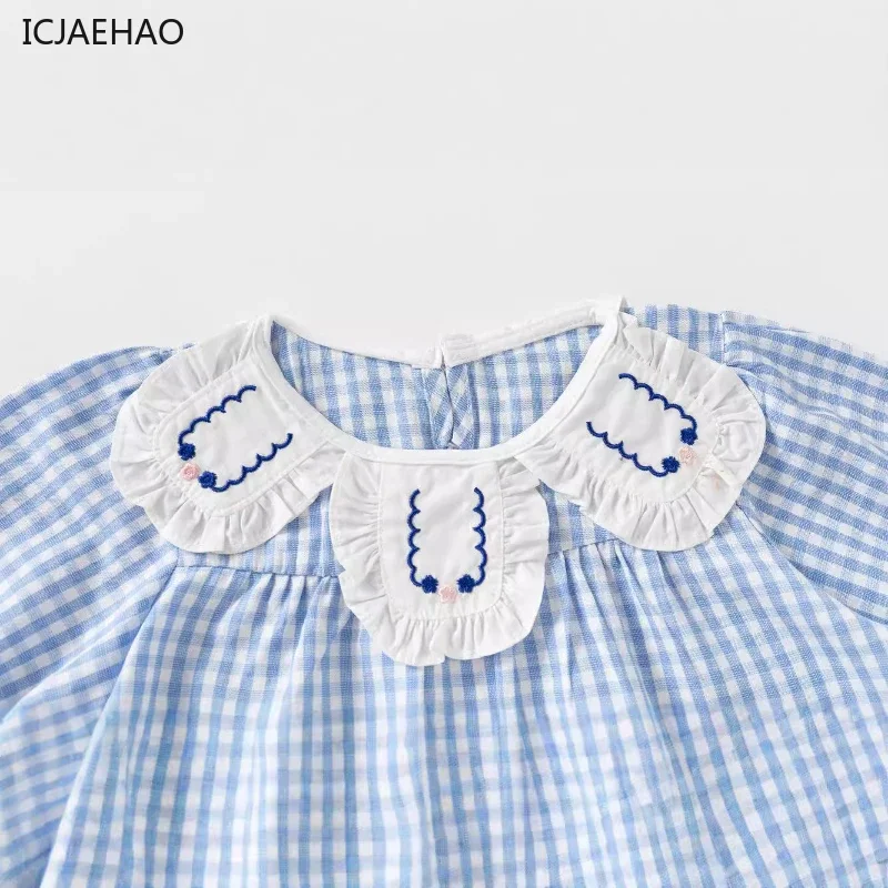 ICJAEHAO2025 Korean Children's Wear Clothing Girls Puff Sleeve Shirt Western Style Blue Plaid Baby Doll Shirt Long Sleeve Autumn