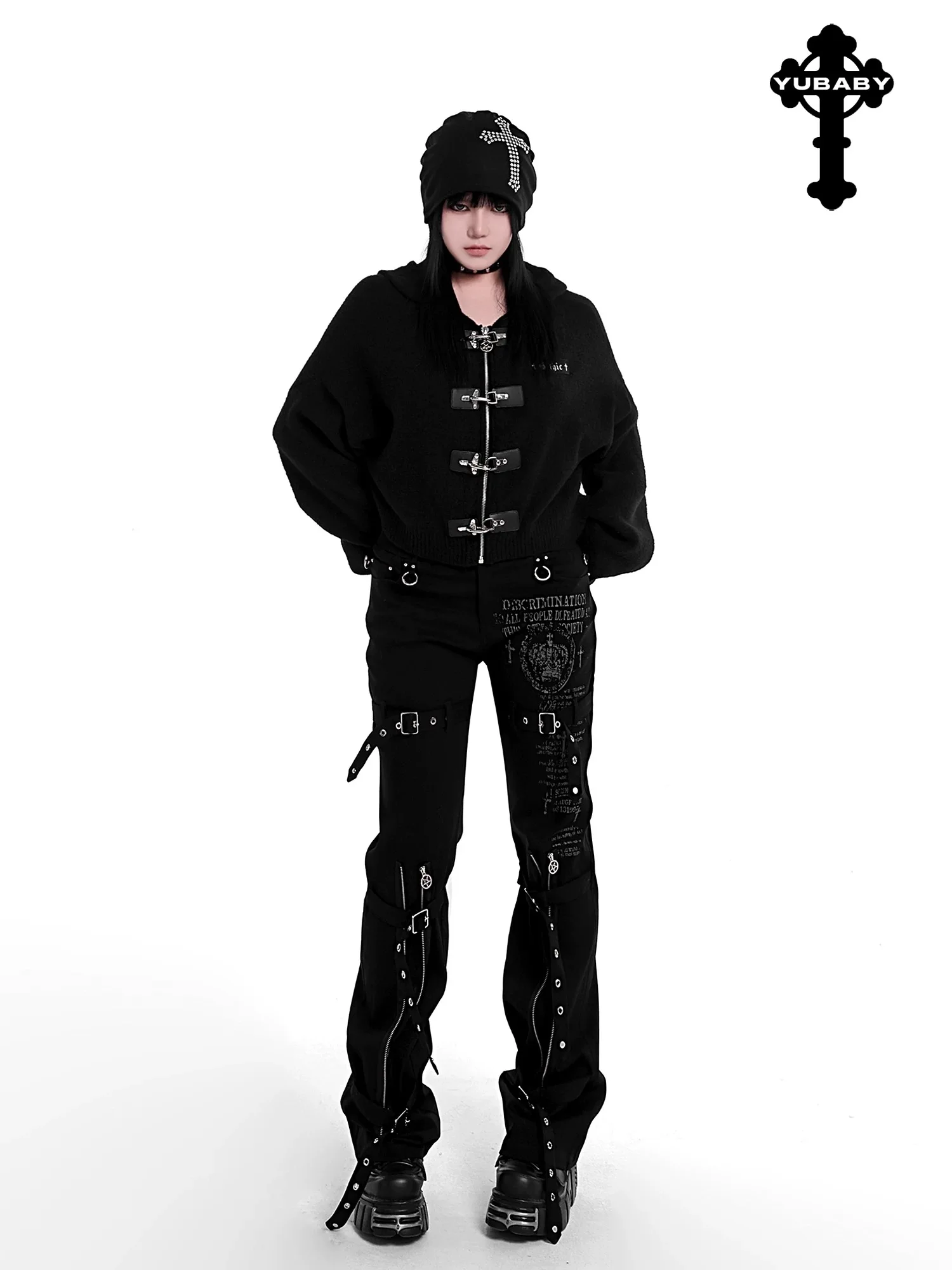 Celana Lurus Y2K Gaya Gelap Gotik Eropa dan Amerika Celana Panjang Pinggang Rendah Elastis Longgar Multi-tali Asli yang Dipersonalisasi