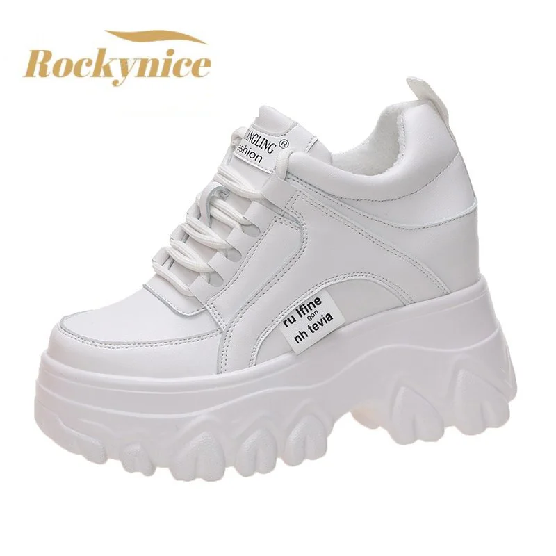 New Women Leather Platform Sneakers Spring Trainers White Shoes 9CM High Heels Wedge Outdoor Sport Shoes Breathable Casual Shoes