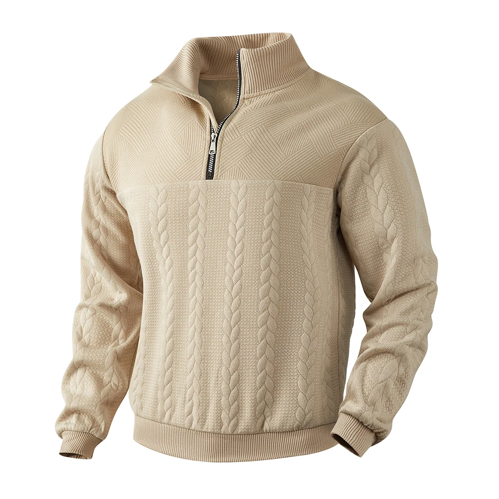 Suéter informal con cuello Henry para hombre, suéter tejido de manga larga con cuello levantado y cremallera superior, Sudadera con capucha de color