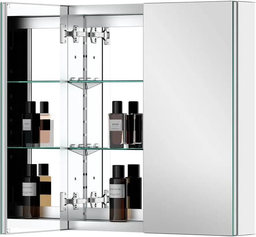 

Aluminum Medicine Cabinet with 2 Doors Recessed or Surface Mount Bathroom Mirror Cabinets 24x26 Inch Silver