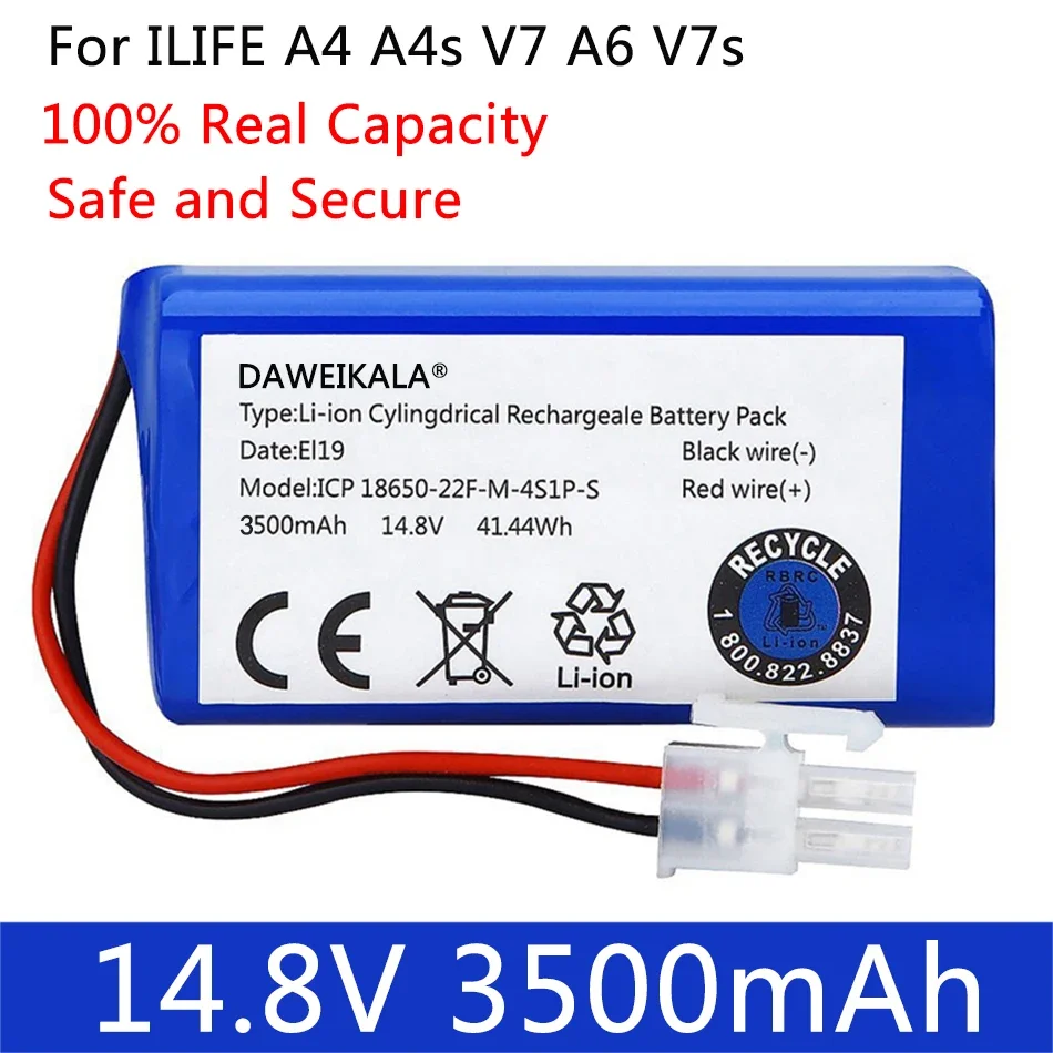 リチウム電池14.8V,3500mAh,ilife a4用,a4s,v7,a6,v7sプラス,ロボット掃除機用,4s1p,実際の容量,14.4