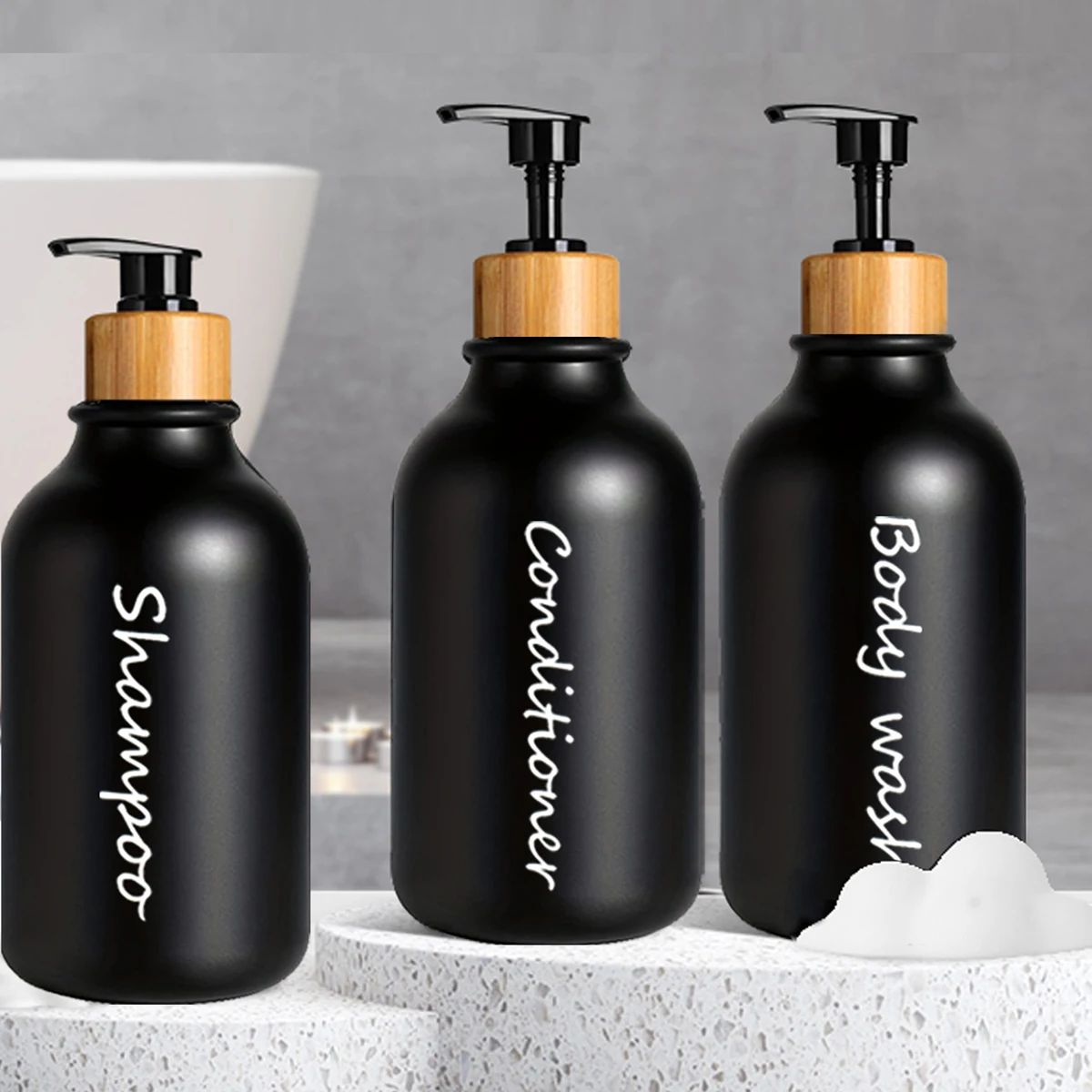 500ml Matte Black Shampoo Conditioner Bottles 3 Pack Refillable Bamboo Pump Shampoo Shower Dispenser