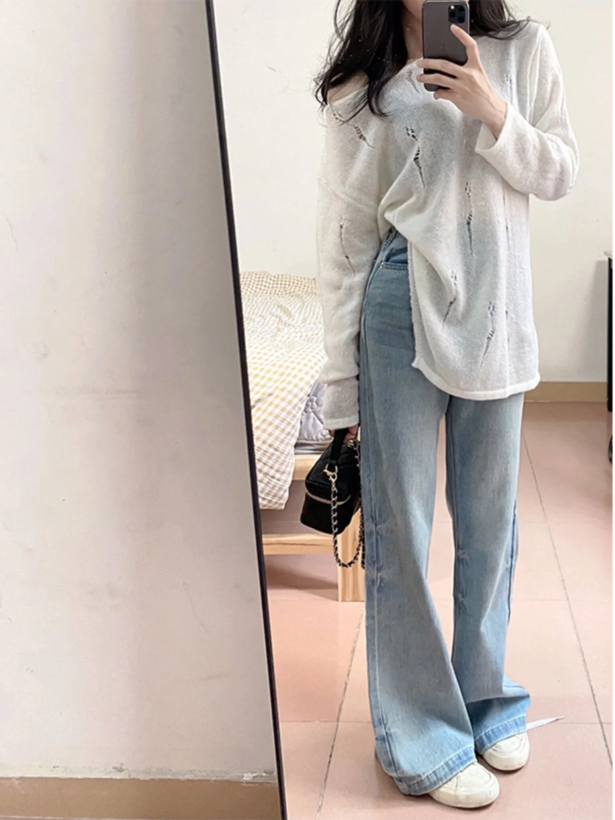 Retro High Waist Wide Leg Jeans Women's Light Blue Bell Bot Loose Fit Straight Cut Trousers Autumn Season plus Size