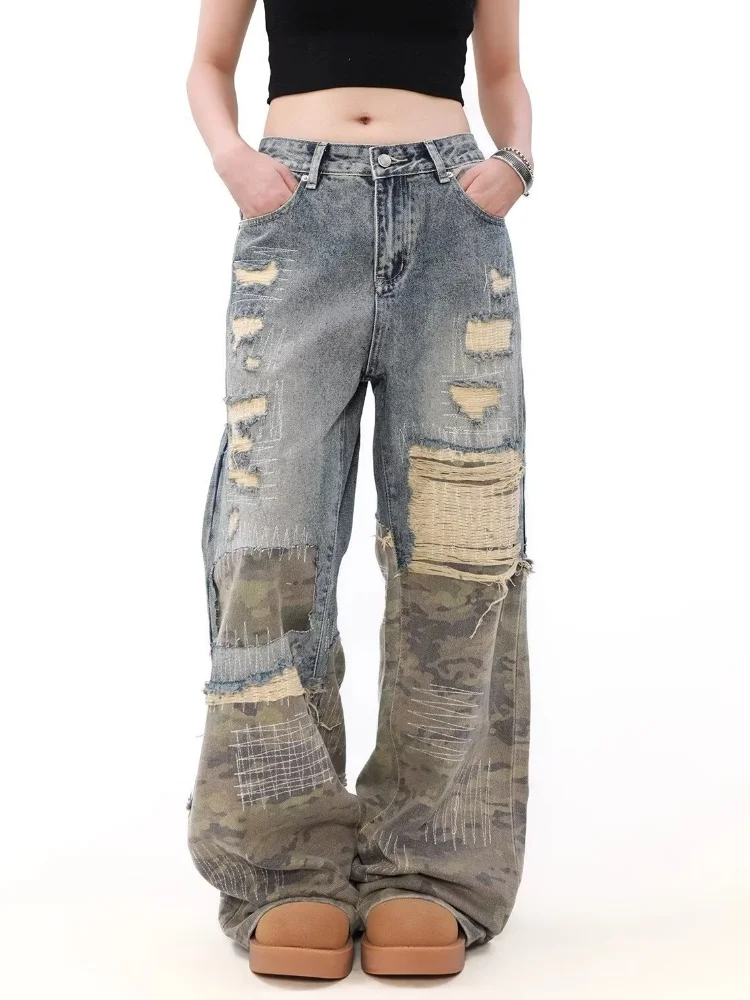 

2025 Trashy Y2K Streetwear Washed Blue Baggy Ripped Stacked Jeans Pants For Women 90S Vintage Clothes Old Wide Leg Lady Trousers