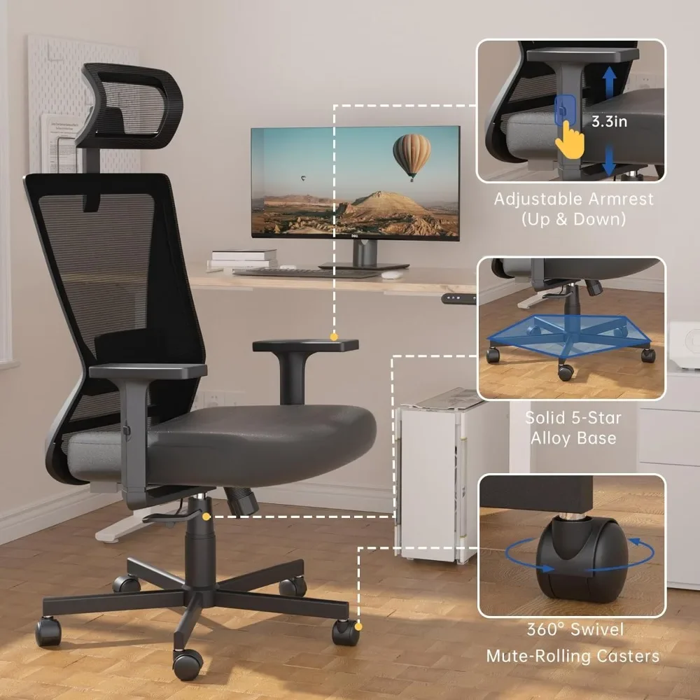 Ergonomic Office Chair, Computer Mesh Chairs with Lumbar Support, Adjustable Headrest & 2D Armrest, 360° Swivel Task Chair