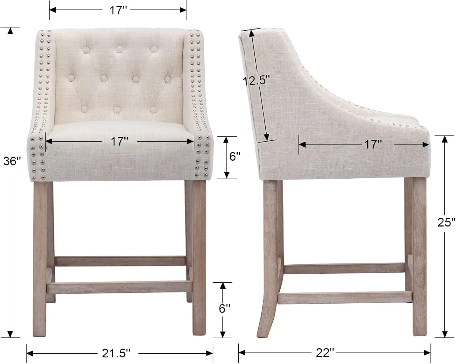 Counter Height Bar Stools Set Of 2 Mid Century Modern Farmhouse Barstools Tufted Wooden Bar Chairs Upholstered Island Stool