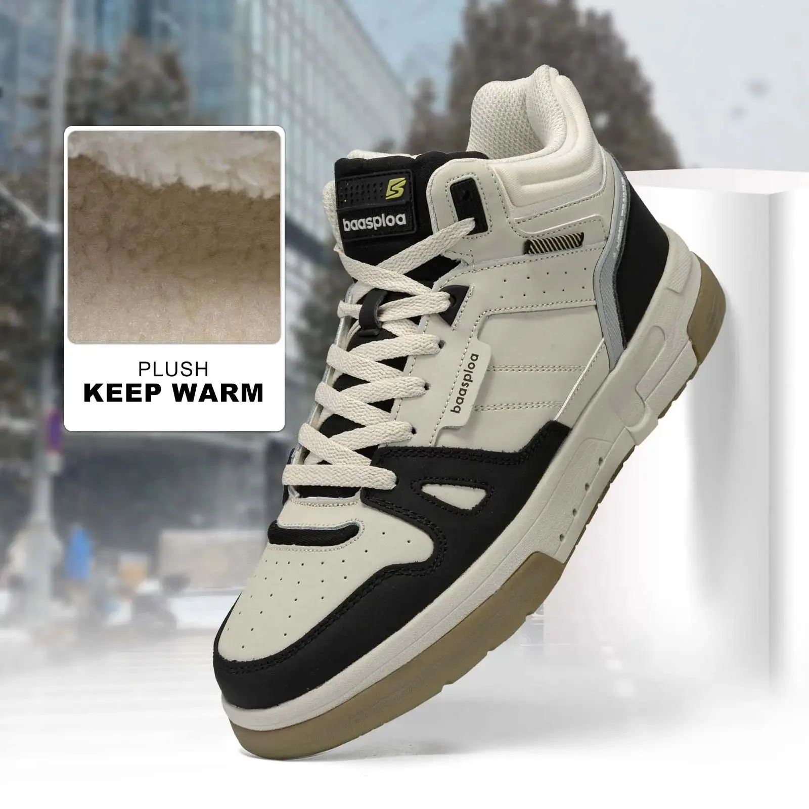 Baasploa Men Cotton Shoes Winter Comfort Plush Warm Casual Shoes for Men Fashion High Top Casual Sneakers Non-Slip Outdoor