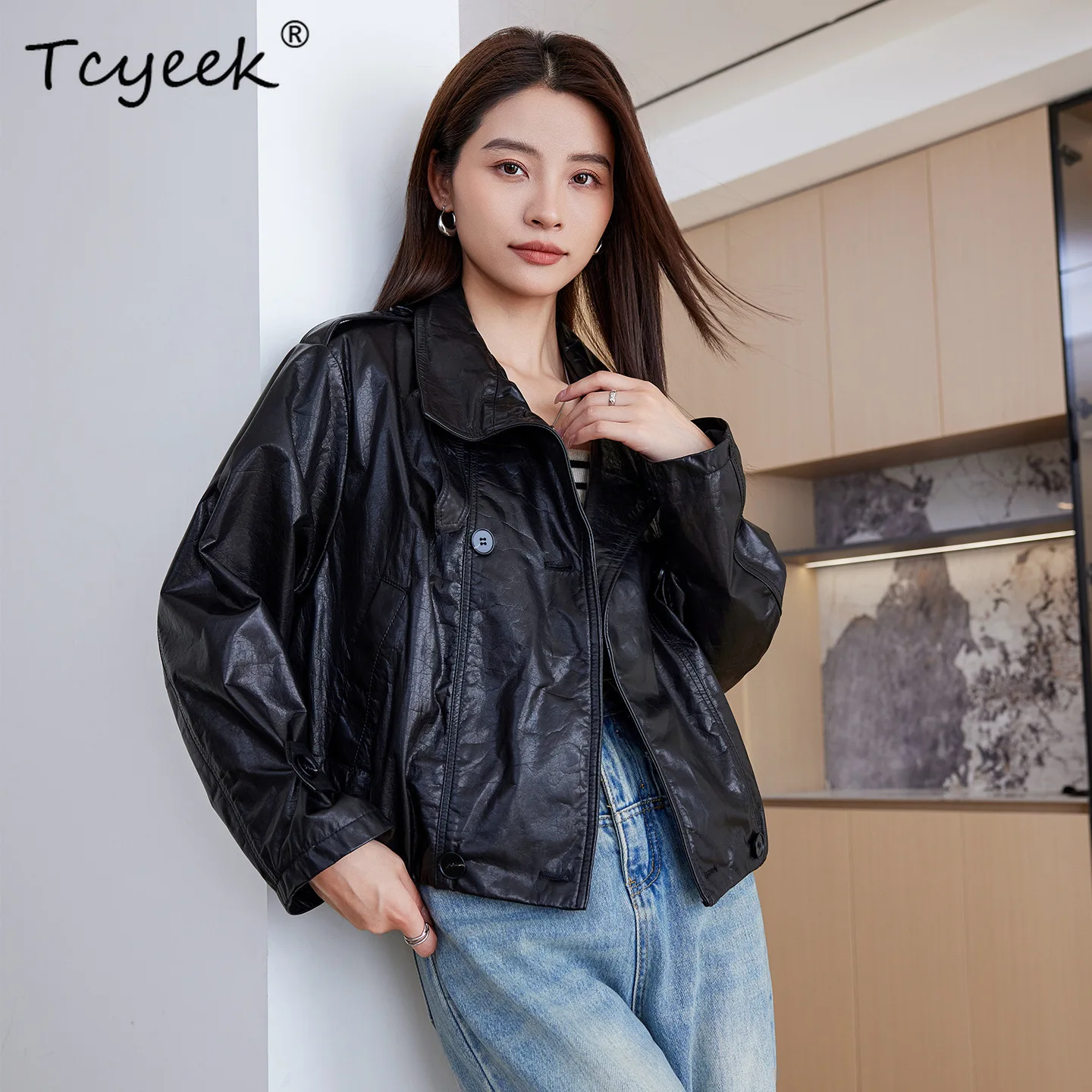 Tcyeek جلد الغنم الحقيقي سترة جلدية حقيقية ملابس حريمي معطف ربيع الخريف النفط الشمع المرأة معاطف فضفاضة تناسب Jaqueta De Couro #3