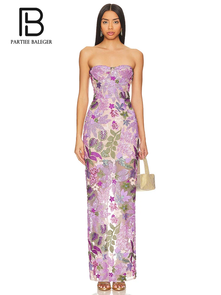 PB 2024 New Sexy Luxury Women Lavender Strapless Floral-Embroidered  Flower Sequined Slim Dresses Evening Party Maxi Gowns