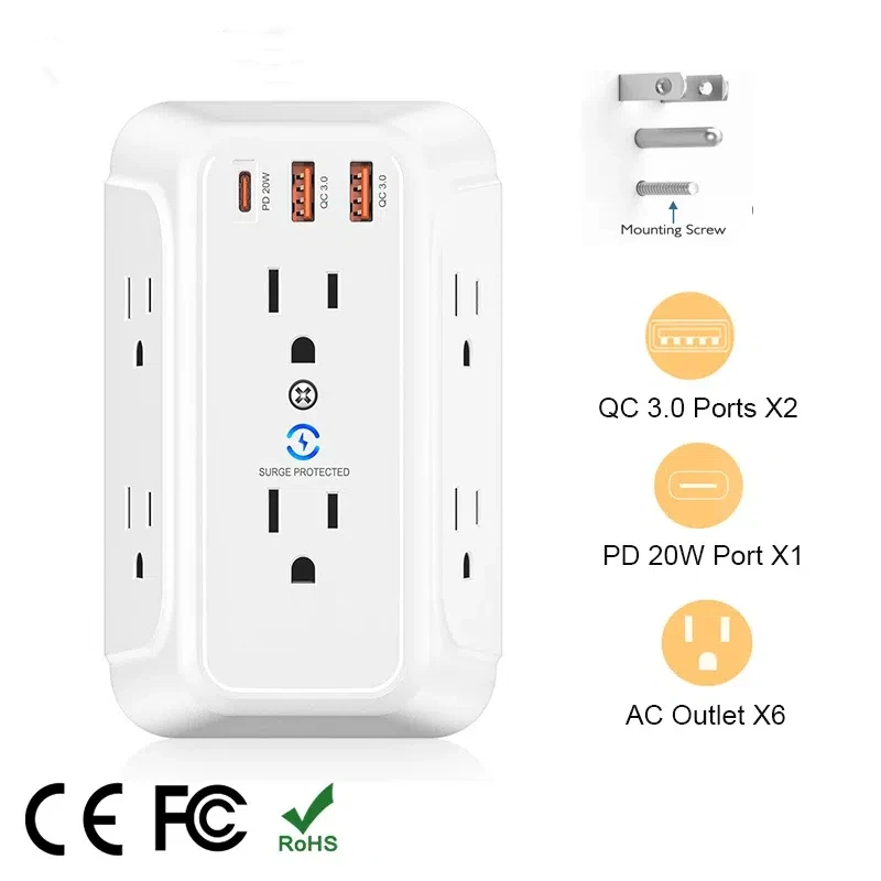 Enchufe de calibre estadounidense, toma de corriente de pared, 2 puertos USB PD20W tipo C, adaptador de corriente, protectores contra sobretensiones adecuados para viajes en casa y oficina