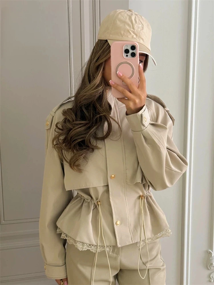 Solid Lace Splice Fashion Windproof Jacket Autumn Drawstring Slim Stand Neck Outwear Versatile Retro Office Ladies Women Coats