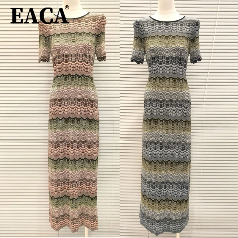 

EACA High-quality Versatile 2025 Summer New Elegant Form-fitting Wavy Pattern Round-neck Short-sleeved Long-tube Knitted Dress
