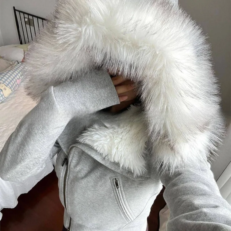 Y2K Fashion New Gray Fur Collar Hooded Sweater Coat Female Harajuku Vintage Leisure Plus Velvet Padded Short Zipper Cardigan Top