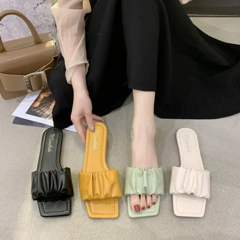 Women's Slippers Summer 2026 New Square Head Pleated Women's Sandals Fashion Casual Flip Flops Solid Color Shoes for Woman