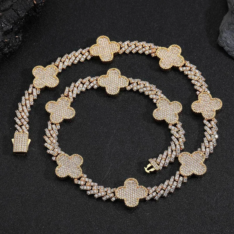 European Hip Hop Spring Fastener Clover Rhombus Cuban Link Chain Zircon All-Match Jewelry Men's Necklace