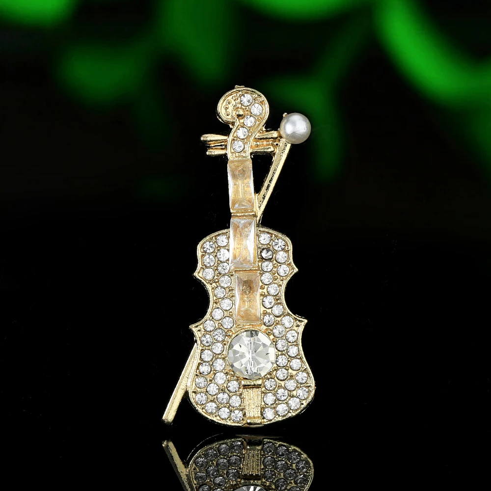 Full Rhinestone Violin & Cello Brooch Sparkling Crystal Inlaid Musical Instrument Lapel Pins with Pearl for Suit Scarf Decor
