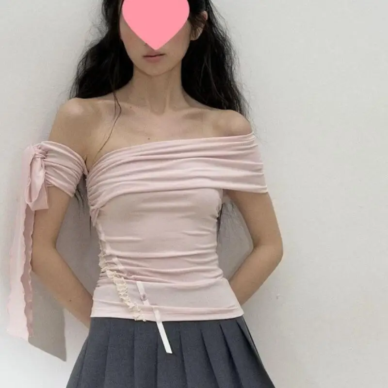 Summer New Women's Slanted Shoulder Ribbon Tops Fashionable Spicy Girl Irregular One Shoulder Trendy T-Shirt Sweat Breathable