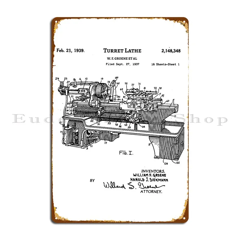 Lathe Patent 1939 Vintage Blueprint Machine Tool Inventions Metal Sign Designing Classic Bar Wall Plaque Plaques Tin Sign Poster