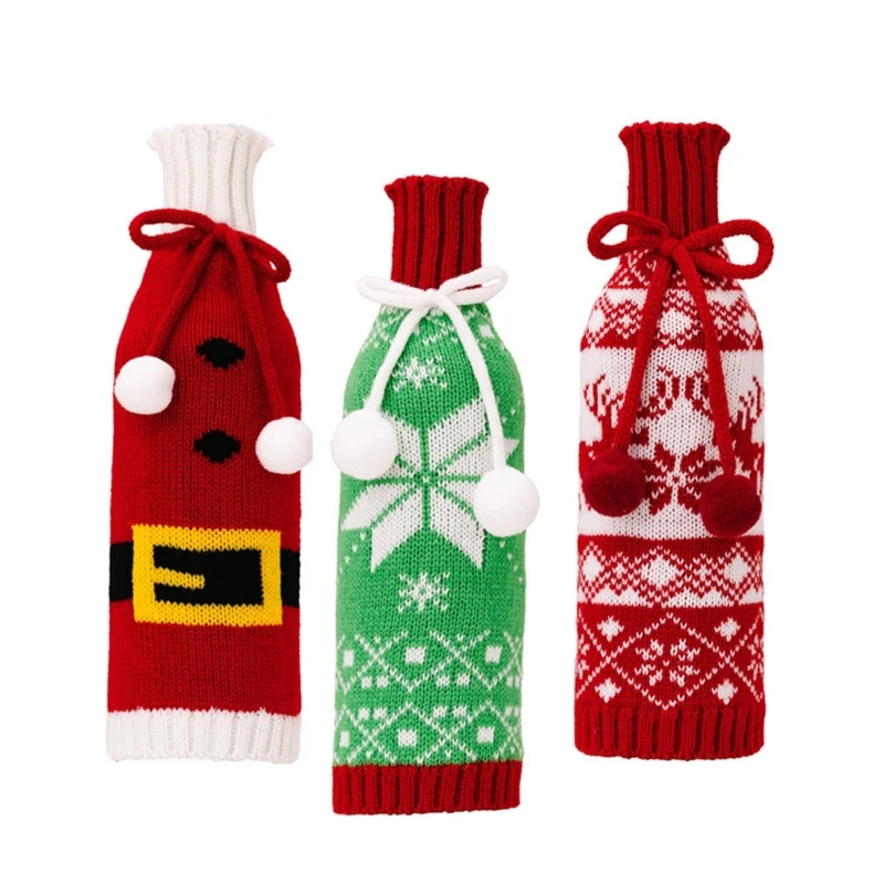 Christmas Celebration 3pc Knits Snowflake Wine Bottle Cover for Gifting D08D