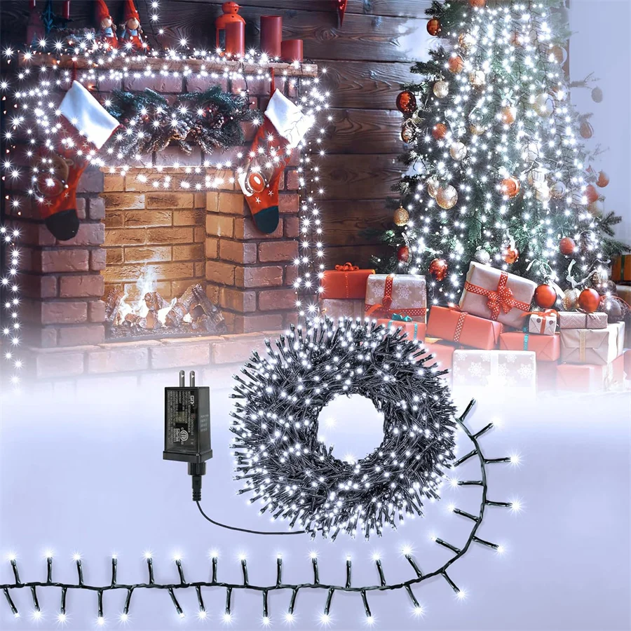 

500/1000/1500 LED Christmas Cluster Lights Outdoor Christmas Firecracker Fairy Lights Green Wire Cluster Garland String Light