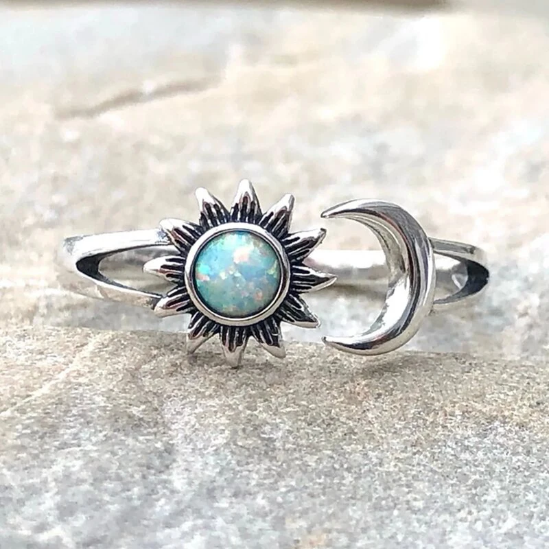 Huitan Imitation Opal Opening Ring for Women Sun and Moon Design Aesthetic Party Daily Accessories Fresh Style Trendy Jewelry