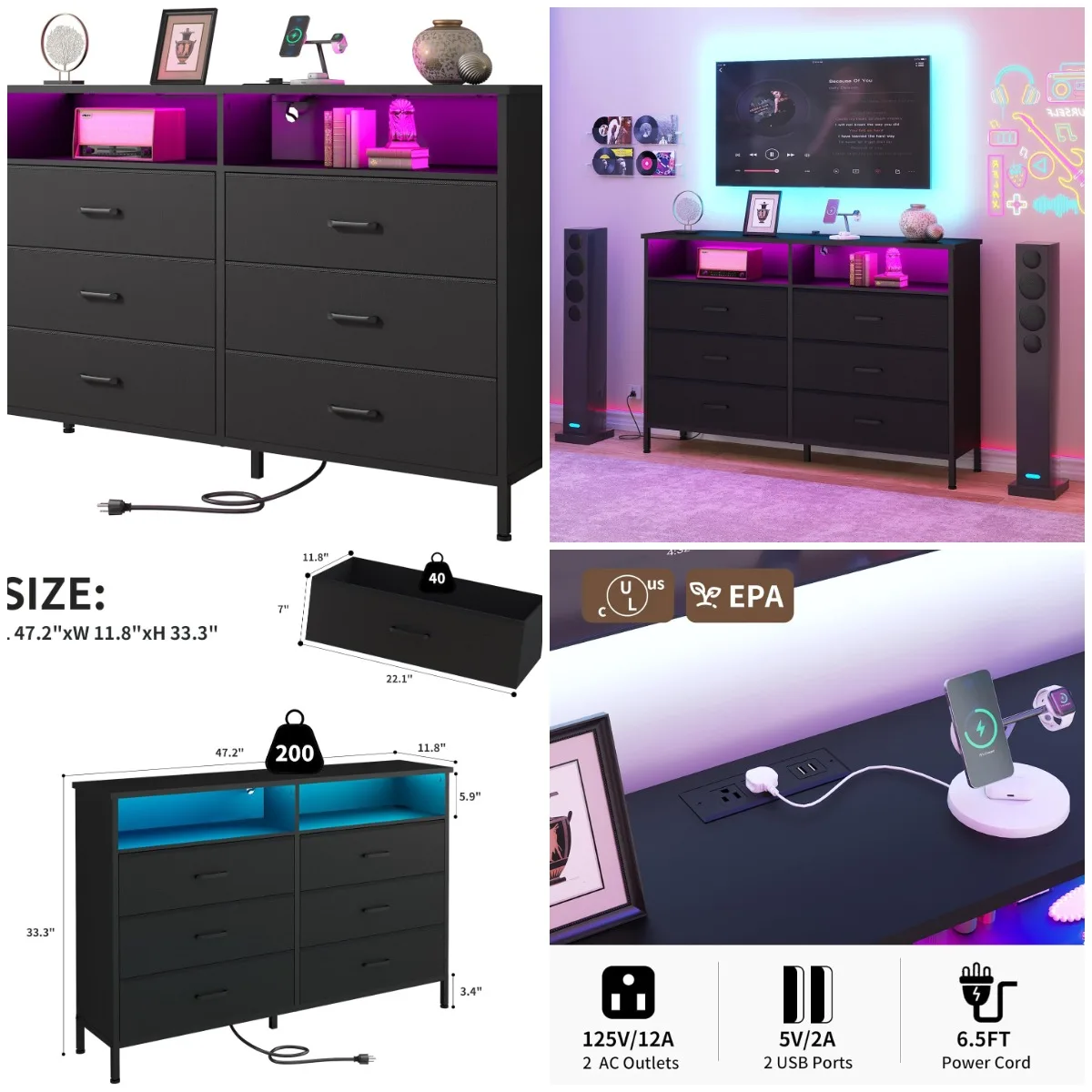 

Black Fabric Dresser with LED Lights & Charging Station, 6-Drawer Tall Storage Chest for Bedroom or Living Room