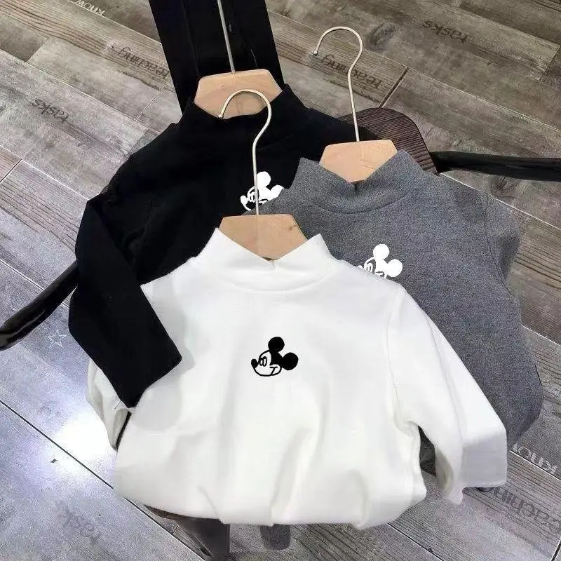 

Детская бархатная футболка с длинными рукавами, осенне-зимние теплые облегающие футболки для мальчиков и девочек, милые топы с высоким воротом из мультфильма