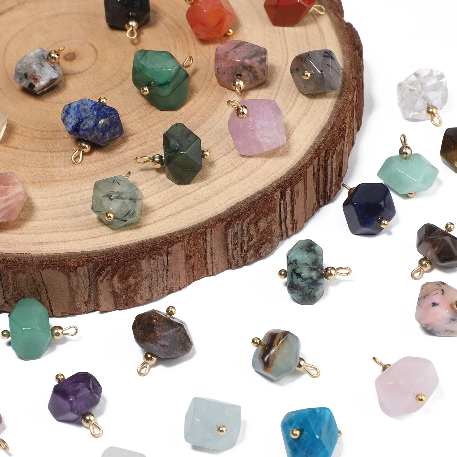 5PCS Natural Stone Polygon Semi-precious Pendant Charms