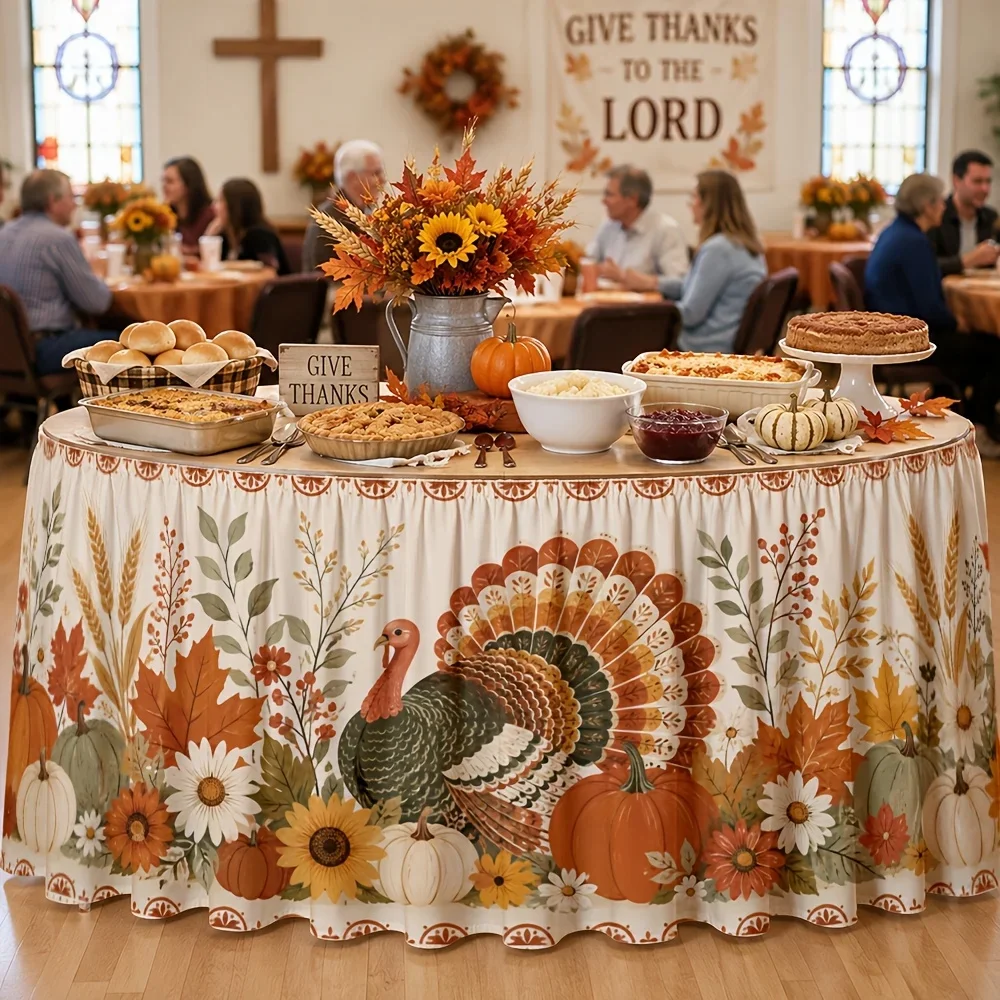 Party table skirts, 1-piece set. Thanksgiving turkey and autumn leaves table skirts.