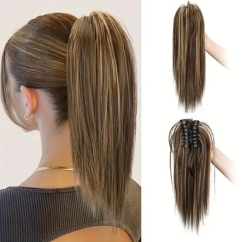 

14Inch Synthetic Short Straight Claw Clip in Ponytail Hair Extension Elegant Fashion Black Blonde Hairpiece for Women