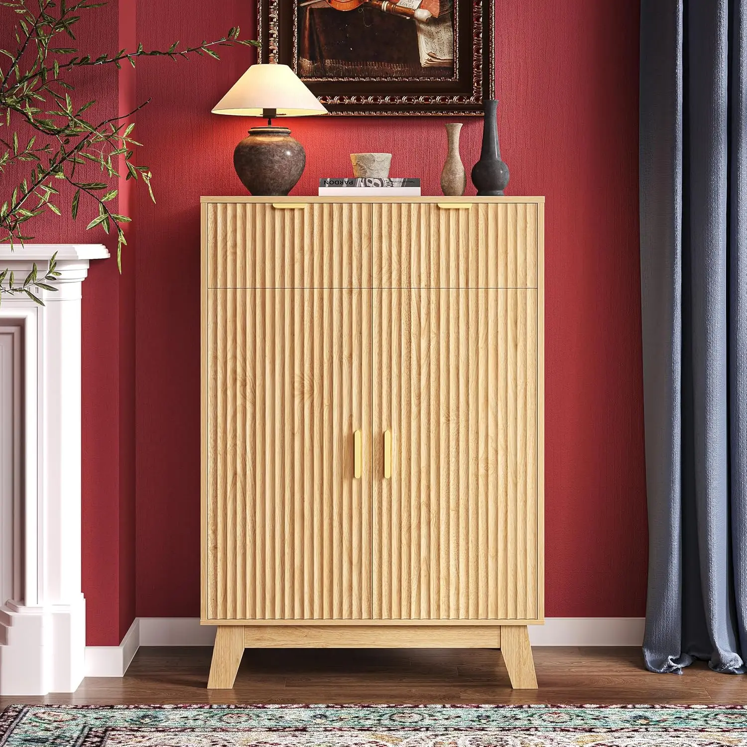 new Fluted Shoe Cabinet, 4-Tier Mid Century Modern Narrow Shoe Storage Cabinet with Doors & 2 Drawers, Adjustable, Customized