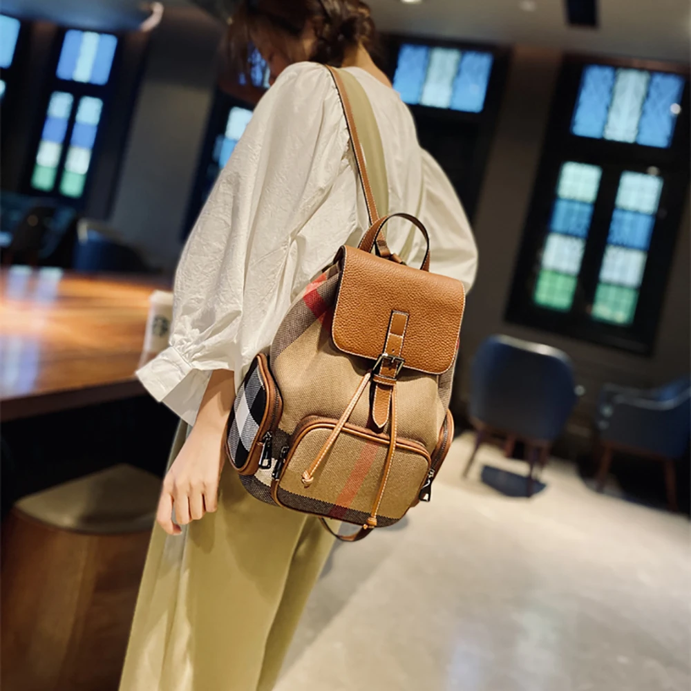 Hohe Qualität Streifen Leinwand Frauen Rucksack Retro Mode Echtem Leder Weibliche Schulter Tasche Täglichen Kordelzug Casual Rucksack