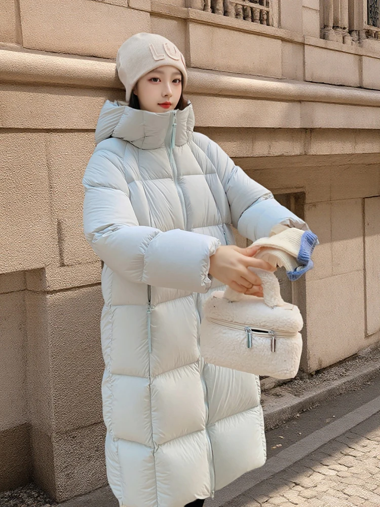 

Winter -15°puff Warm Long Hooded Down Jacket Female Thick Loose Parker Outwear Women White Duck Down Outdoors Knee Length Jacket