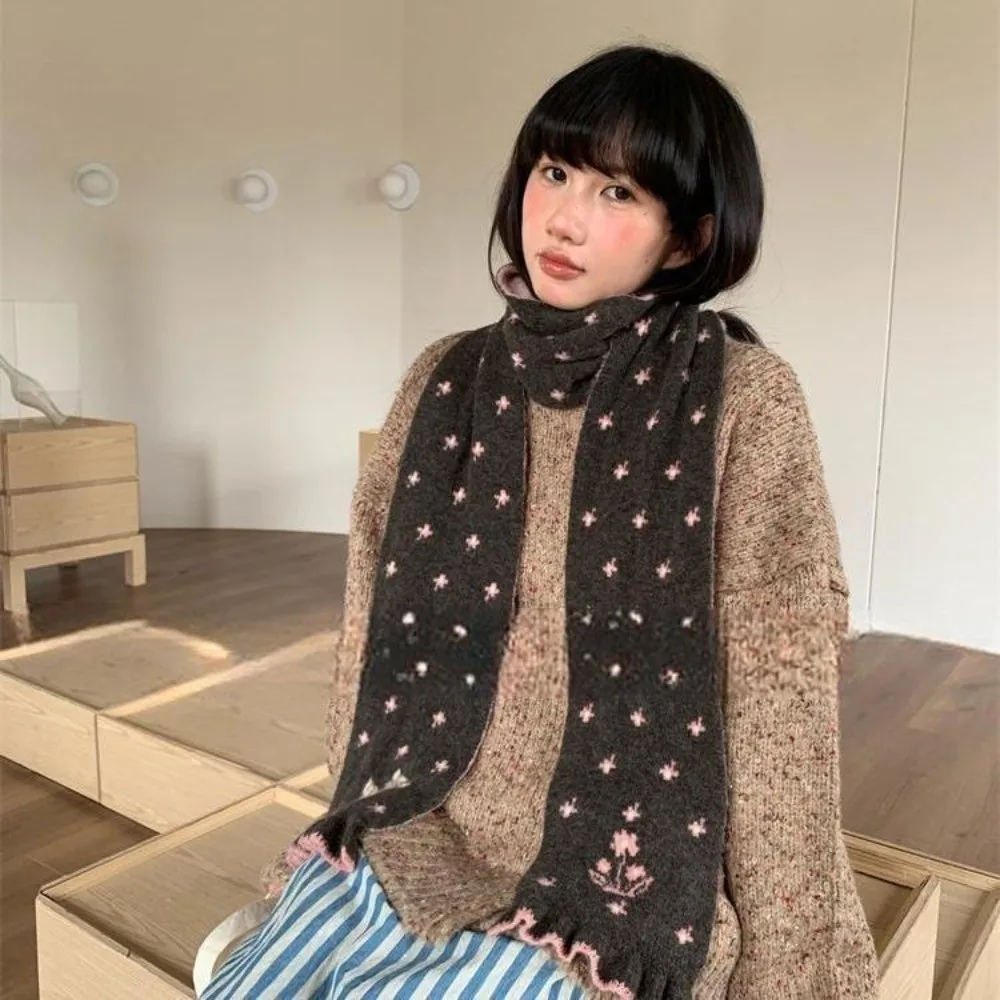 

Новый вязаный шарф с маленьким оленем, теплый зимний шерстяной шарф с цветочным принтом, двусторонние утолщенные кашемировые шарфы для женщин