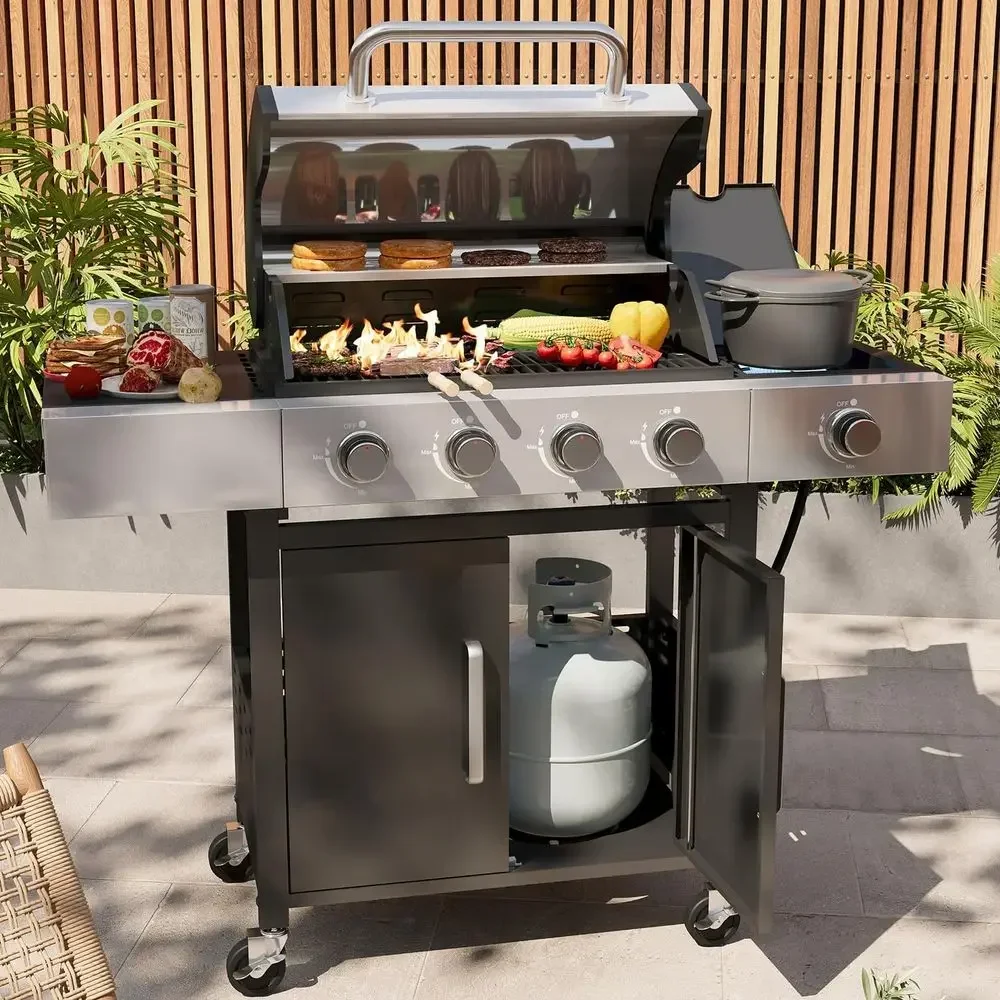 

4-Burner Propane Grill, 49,000 BTU, Stainless Steel with Cast Iron Grates, Side Tables, Ideal for Outdoor and Camping