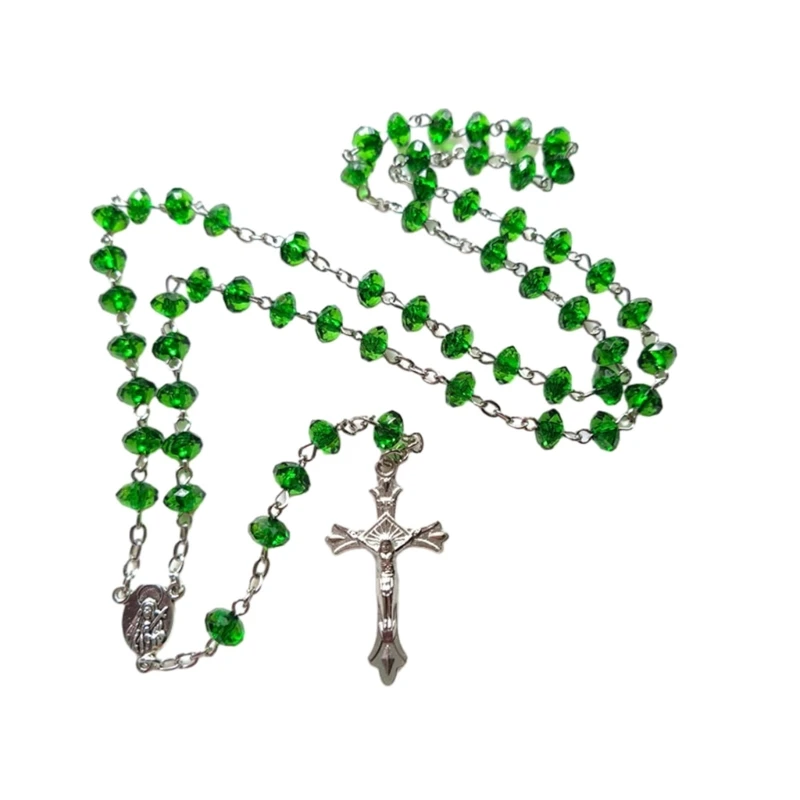 Green Stones Rosary Cross Necklace Christian VirginMary Center Accessories Sweater Chain Church Jewelry Accessories