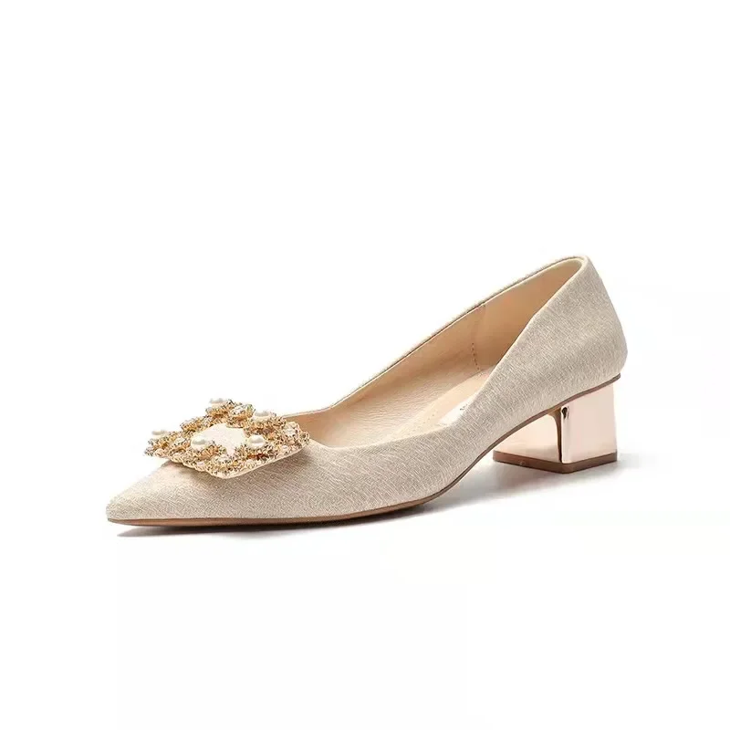 High Heels Shoes Women Spring New Korean Version Pearl Rhinestones Pointed Toe Women\'s Shoes Chunky Heels Pumps Zapatillas Mujer