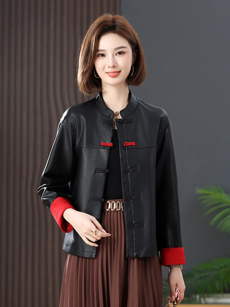  Ning Genuine Leather Jaet Women's ort Sle 2025 Spring Autumn New Chinese Sle National Sle Button Slimming Lea...