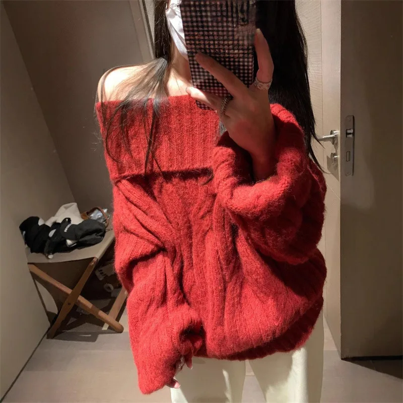 

Lazy French Style One Neck Twisted Flower Sweater for Women's Autumn and Winter New Style Off Shoulder Soft and Sticky Imitation