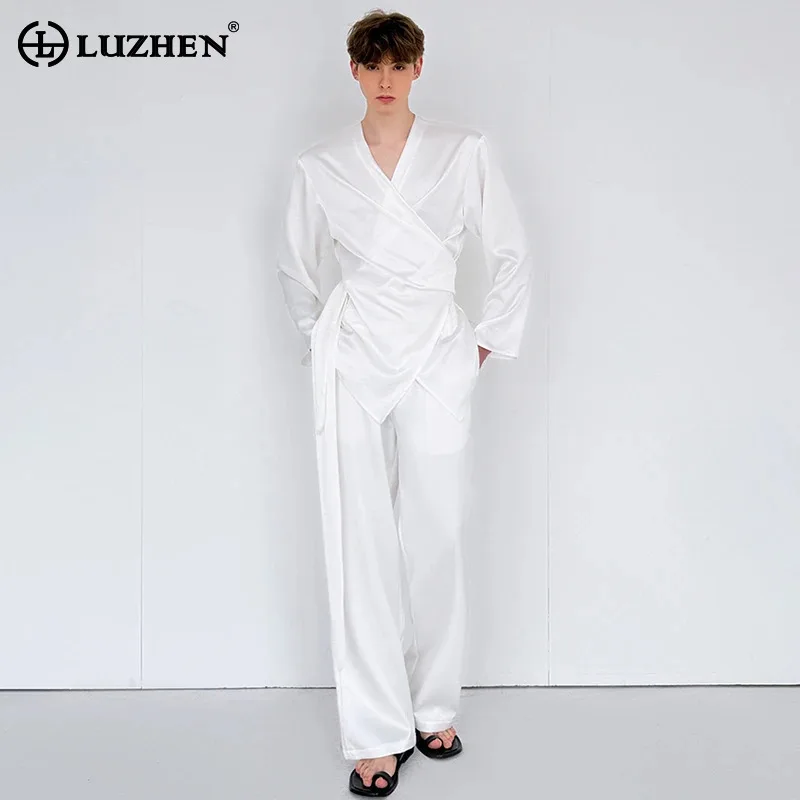 

LUZHEN Solid Color Two-piece Sets Men's New Cross Placket Design Long Sleeve Shirts Fashion Elegant Loose Straight Pants JY3193