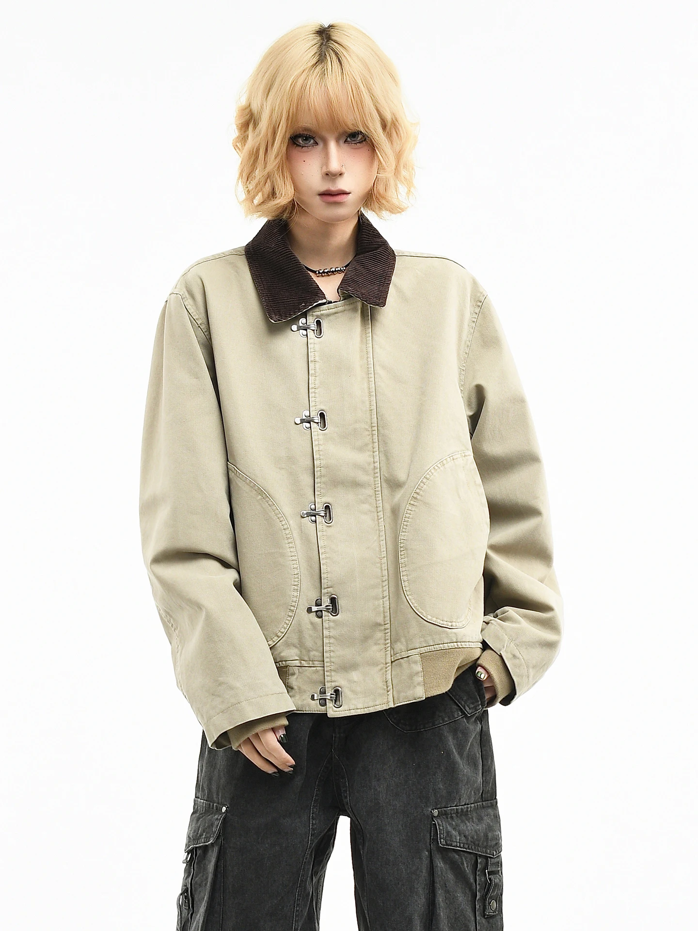 

OV Original Retro Style Loose Fit Short Jacket Metal Buckle Design Workwear Coat for Men And Women Casual Outerwear Spring