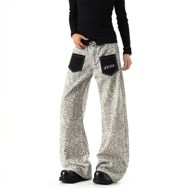 QICHE Unisex Grey‑White Leopard Colorblock Flare Jeans Black Pocket Letter Print American High Street Draped Floor‑Length Pants